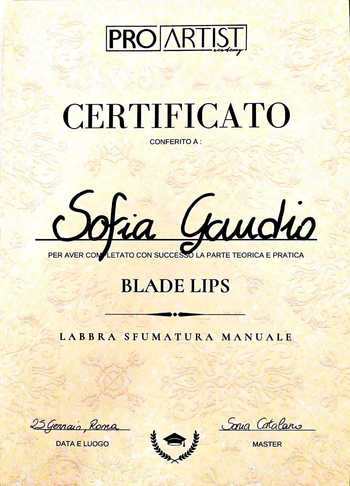 Certificato Blade Lips - Labbra sfumatura manuale, Pro Artist Academy